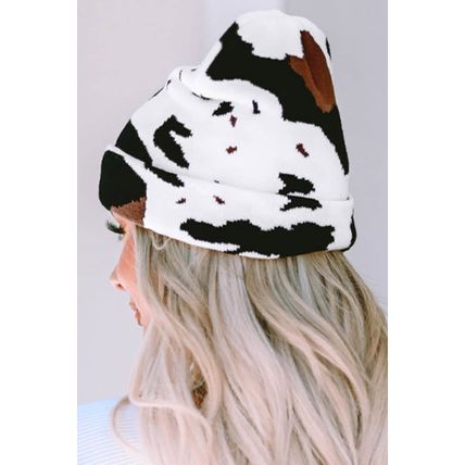 Black Cow Spots Printed Warm Beanie Hat