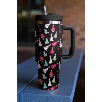Black Cartoon Christmas Tree Printed Thermos Cup