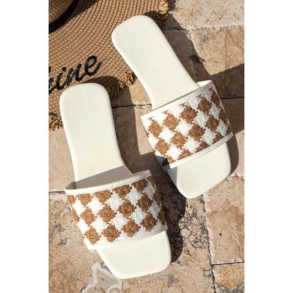 White Contrast Woven Plaid Square Toe Flat Slippers