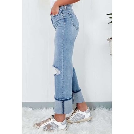 Dusk Blue High Rise Asymmetric Button Zip Fly Ripped Jeans