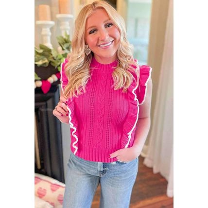 Strawberry Pink Textured Knit Ruffled Mock Neck Sweater Tank