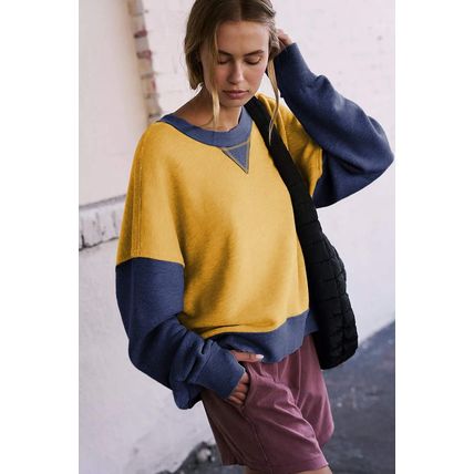Yellow Color Block Thumbhole Sleeve Drop Shoulder Sweatshirt