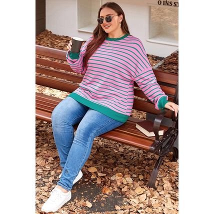 Pink Stripe Waffle Knit Crew Neck Plus Size Sweatshirt