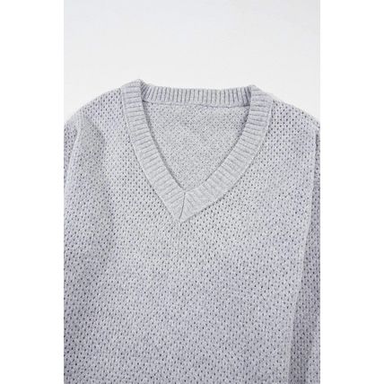 Light Grey Loose Eyelet V Neck Drop Shoulder Sweater