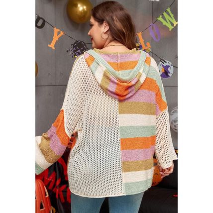 Beige Pointelle Knit Colorblock Patchwork V Neck Hooded Plus Sweater