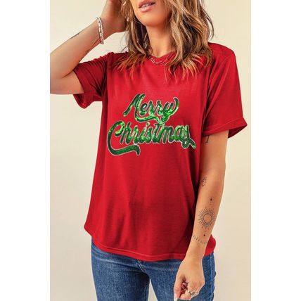 Red Merry Christmas Graphic Crewneck T Shirt