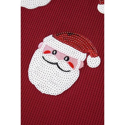 Red Sequin Santa Claus Graphic Textured Long Sleeve Top
