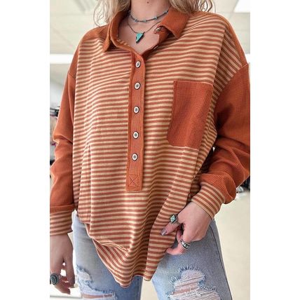 Red Stripe Textured Patched Drop Shoulder Buttoned Plus Size Sweatshirt