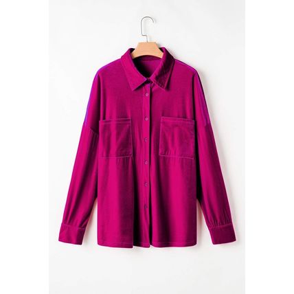 Bright Pink Plus Size Velvet Chest Pocket Drop Shoulder Shirt