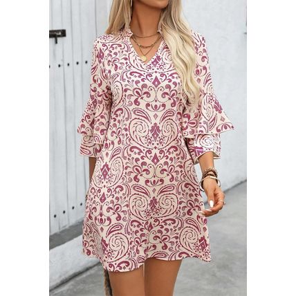 Pink Paisley Print Tiered 3/4 Sleeve Notched Neck Mini Dress