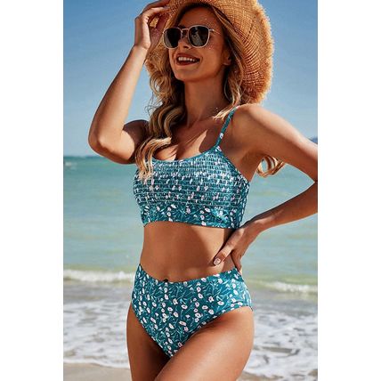 Blue Floral Print Smocked Cute Bikini Set