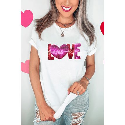 White Heart LOVE Patched Pattern Crewneck Valentines T Shirt
