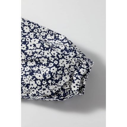 Blue Floral Print Notched V Neck Puff Sleeve Blouse