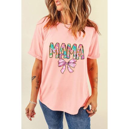 Pink Floral MAMA Bowknot Print Crewneck T Shirt