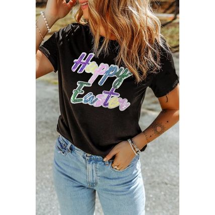 Black Sequined Happy Easter Graphic Tee