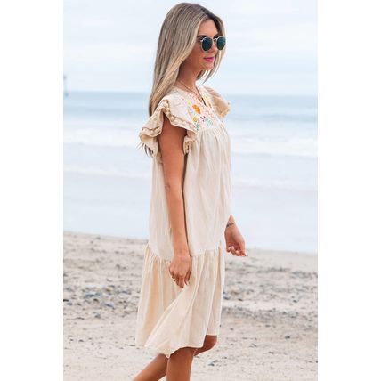 Jet Stream Linen Embroidery Split Neck Pom Pom Ruffle Sleeves Flowy Short Dress