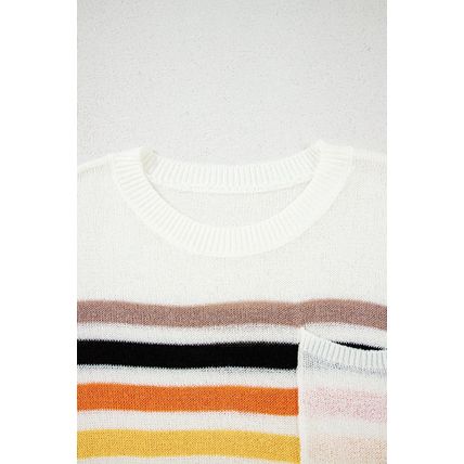 White Striped Pocketed Loose Fit Crewneck Knitted T Shirt
