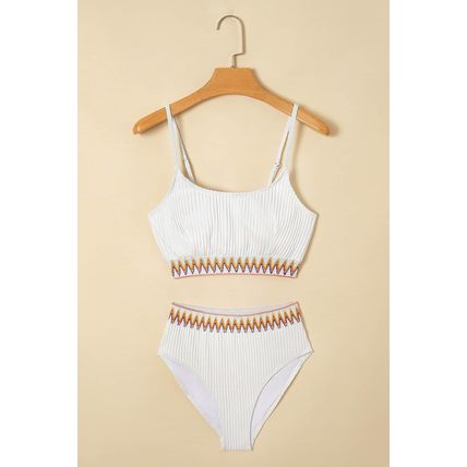 White Textured Contrast Banding Bikini High Waist 2pcs Swimsuit
