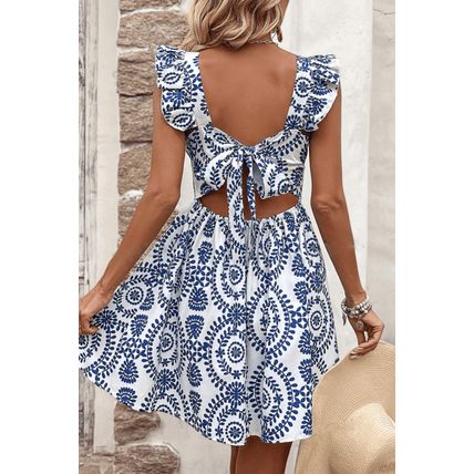 Blue Floral Print Ruffled Tied Backless A-line Mini Dress