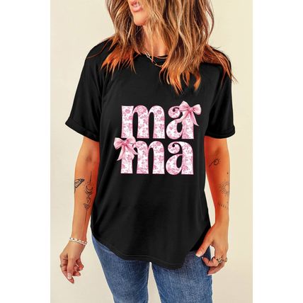 Black Floral Bow Mama Graphic Crewneck Tee