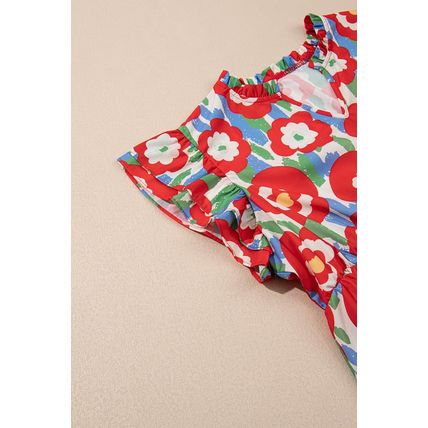 Red Plus Size Floral Print Ruffle Trim Split Neck Peplum Top