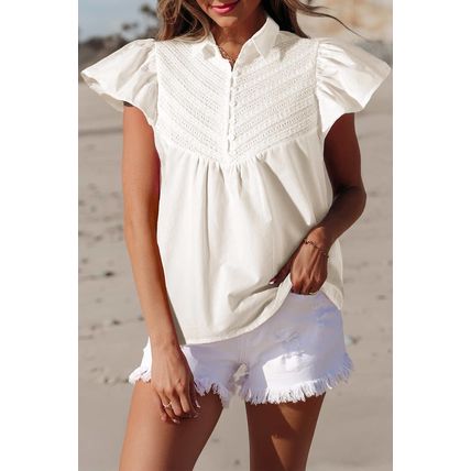 White Half Button Lace Patchwork Flutter Sleeve Blouse