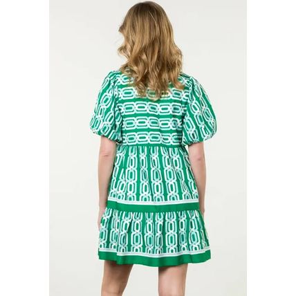 Bright Green Abstract Patterned V Neck Puff Short Sleeve Mini Dress