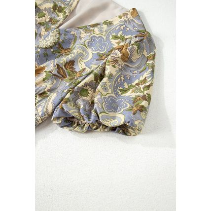 Multicolour Vintage Floral V Neck Short Puff Sleeve Long Dress