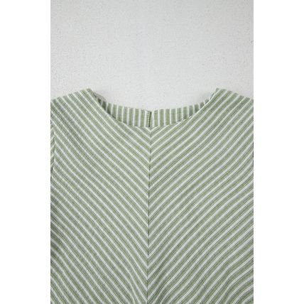 Green Stripe Textured Round Neck Short Puff Sleeve Blouse
