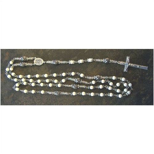 Rosary necklace 53 inch #RN4 ivory glass pearl beads holy family centerpiece