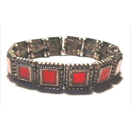 Bracelet #84 antique style tarnished gold expandable red glitter squares ladies