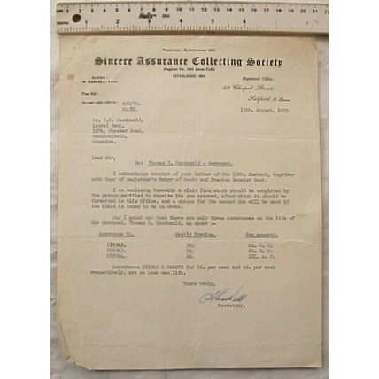 1955 letter Sincere Assurance Collecting Society, Salford re Macdonald
