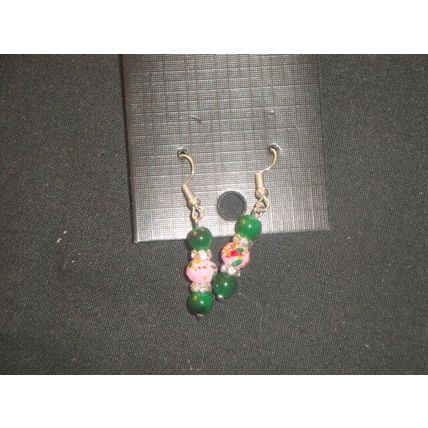 Colourful dark green glass over blended pink bead short drop earrings