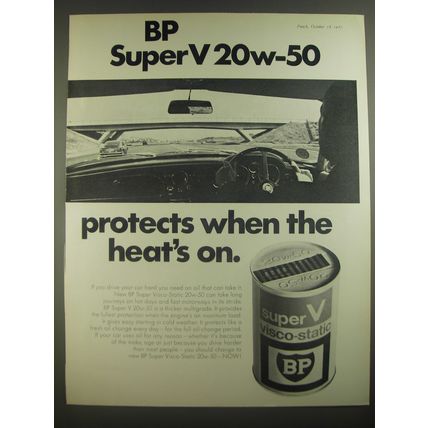1967 BP Super V 20w-50 Oil Ad - BP SuperV 20w-50 protects when the heat's on