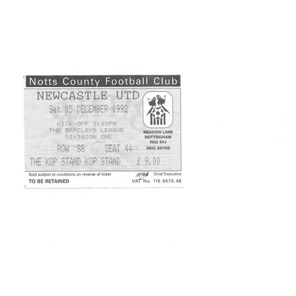 Notts County v Newcastle Utd 1992/1993 League Division 1 Football Ticket Stub