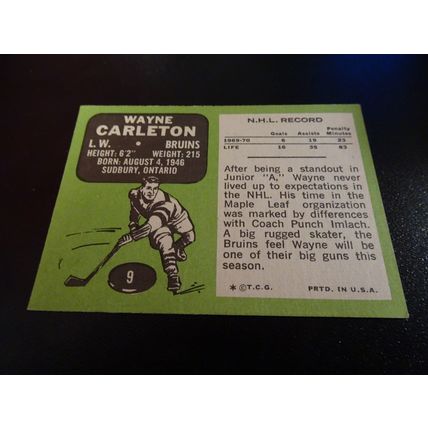1970-71 Topps Hockey Card # 009 Wayne Carleton Very Good (3) Boston Bruins