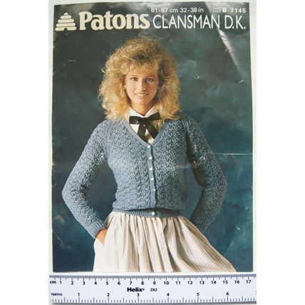 1983 Patons 7145 v neck cardigan in lace pattern, DK