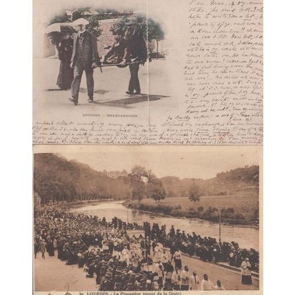 Lourdes Brancardiers with crease + La Procession French France Vintage Postcard