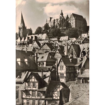 Postcard University town of Marburg, Germany. Castle and Marienkirche