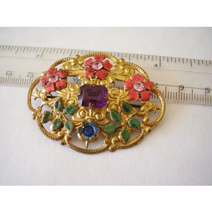 Vintage Brooch Large Czech Filigree Enamel Purple Faceted Bohemian Glass Stone