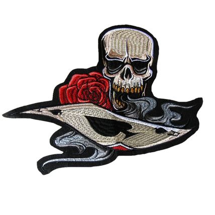 Large Skull Ace and Rose Embroidered Iron On Patch 24.5cm x 32cm Rock Goth P337