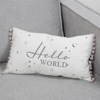 Hello World Pillow Cream & Grey with Grey Bobbles 23 CM Gift Home Decor Cushion