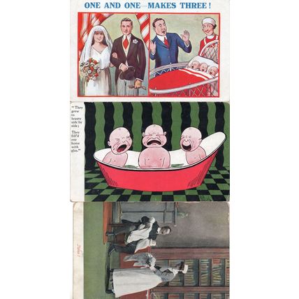 Triplets Born Midwife Bathing 3x Old Comic Baby Postcard s