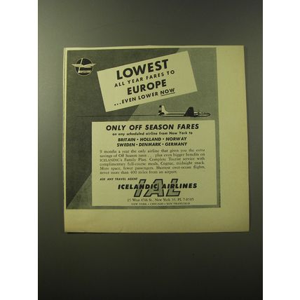 1960 Icelandic Airlines Ad - Lowest all year fares to Europe ..even lower now