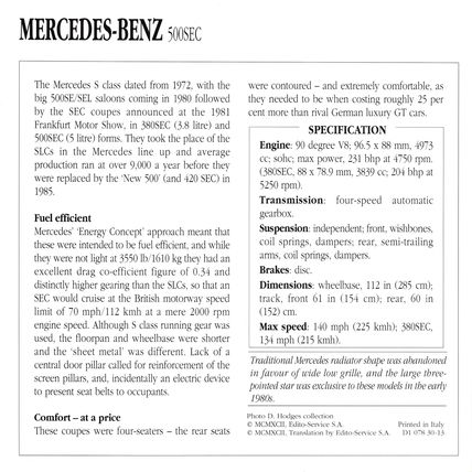Collectors Club card. Classic Cars. Mercedes-Benz 500SEC