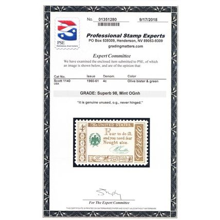 1140, Mint Superb NH 4¢ - PSE Graded 98 Certificate - Stuart Katz