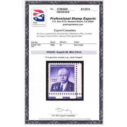 1161, Mint Superb NH 4¢ - PSE Graded 98 Certificate - Stuart Katz