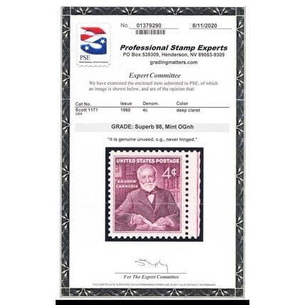 1171, Mint Superb NH 4¢ - PSE Graded 98 Certificate - Stuart Katz