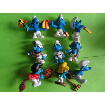 Job lot of 9 modern smurfs hobby horse brainy judo gift rake gold wreath doctor