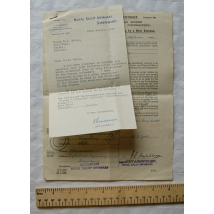 1947 letter Royal Salop Infirmary, Shrewsbury re Superannuation Agreement